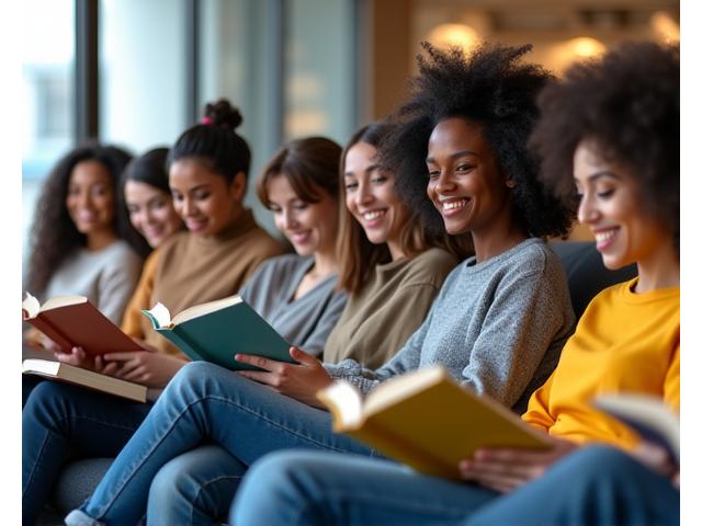 Diverse group of people of various ages and ethnicities reading books together in a modern, well-lit community space.