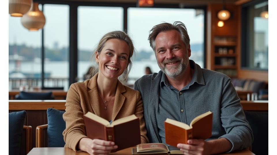 Two founders, a man and a woman, smiling and holding books in a cozy, modern Seattle-style cafe with Puget Sound visible through the window