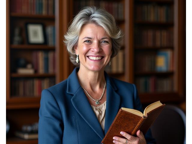 Portrait of Evelyn Reed, co-founder of Voyage Books, a woman with warm smile, holding an old leather-bound book in a library setting.