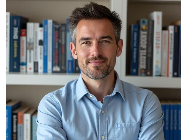 Portrait of Marcus Thorne, co-founder of Voyage Books, a man with intelligent gaze, surrounded by modern literature books.