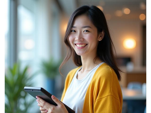 Portrait of Sarah Chen, marketing manager at Voyage Books, a young woman with a friendly smile, reading a digital tablet.