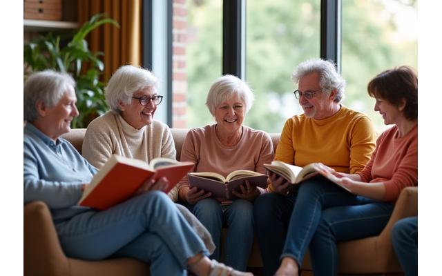 Diverse group of people of various ages reading together at a community center, some holding large print books, embodying inclusive reading programs.