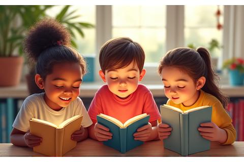 A brightly lit section of a children's library with diverse young readers engaging with large print and tactile books.