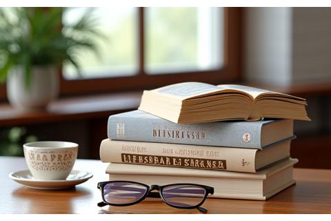 A stack of non-fiction books including biographies and science texts, open to show accessible text layouts.
