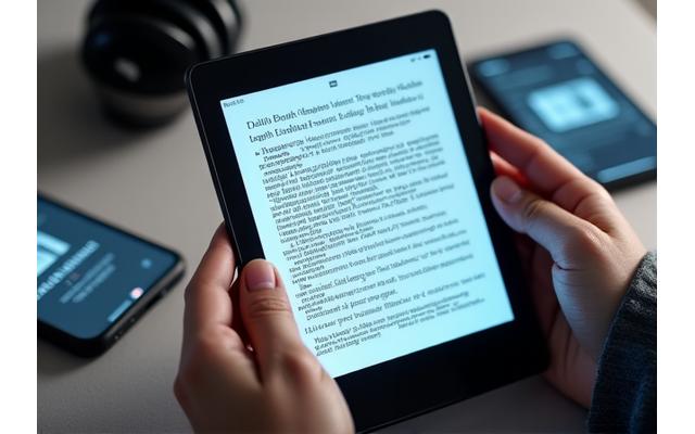 A person using an e-reader with large, customizable text, positioned next to a tablet displaying a screen reader interface and a pair of headphones, symbolizing technology for accessible reading.
