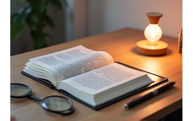 A desk setup with an open book on a book stand, a magnifying glass, and a tablet displaying an e-reader with large text, highlighting reading aids.