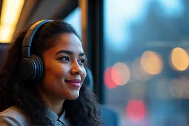 Person commuting on public transport, listening with headphones