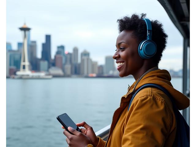 Person listening to an audiobook on a smartphone while on a ferry, with Seattle skyline in background