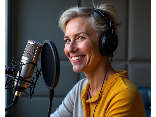 Professional audiobook narrator in a recording studio, speaking into a microphone