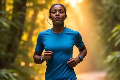 Runner with headphones, focused on a scenic trail in Seattle's Discovery Park