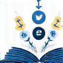 Icons representing various social media platforms integrated into a book, signifying community engagement.