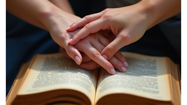 Diverse hands from different people meeting in a supportive, collaborative handshake or clasp over an open book, symbolizing partnership.