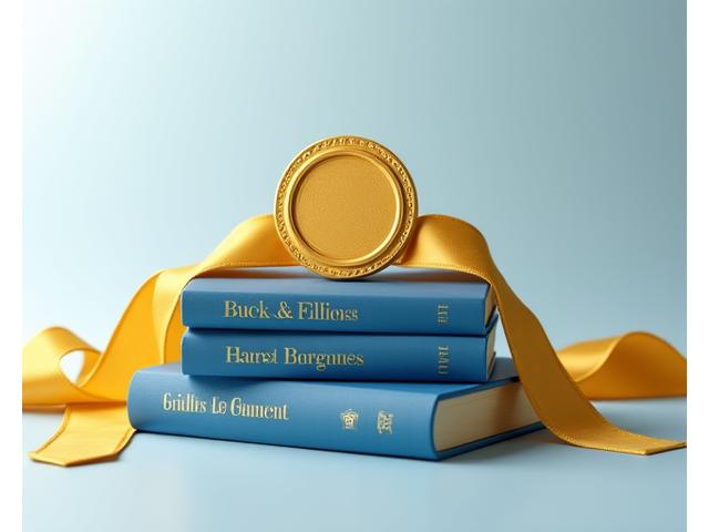 A gold medal or ribbon draped over a stack of prestigious award-winning books.