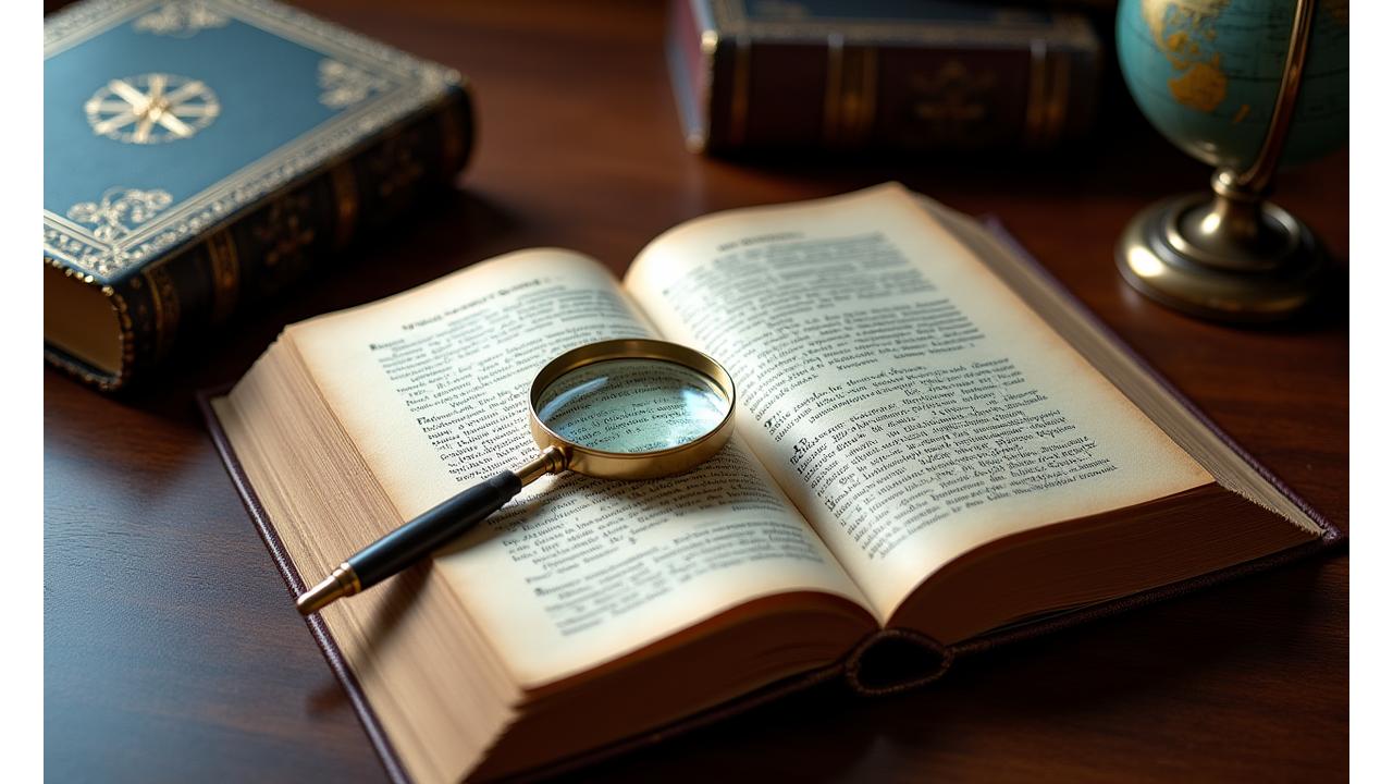An open vintage nautical-themed book with a magnifying glass over text, surrounded by other beautifully bound books, evoking discovery.