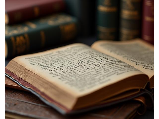 An antique leather-bound book open to a page with elegant script, surrounded by other classic tomes.