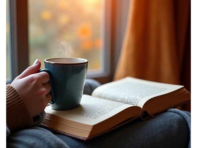A cozy scene with autumn leaves, a steaming mug, and a book with a bookmark, suggesting seasonal reading.