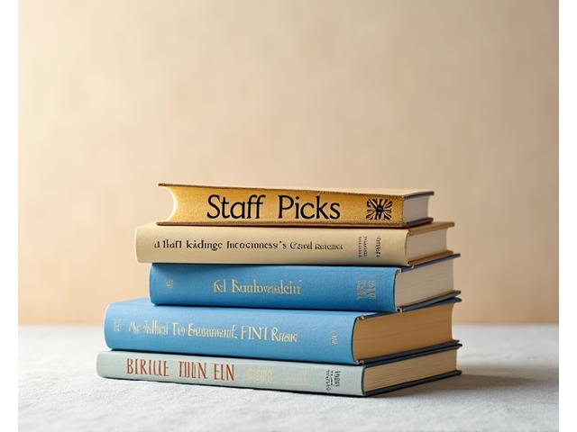 A diverse stack of books with 'Staff Picks' written on a prominent bookmark, reflecting varied genres.