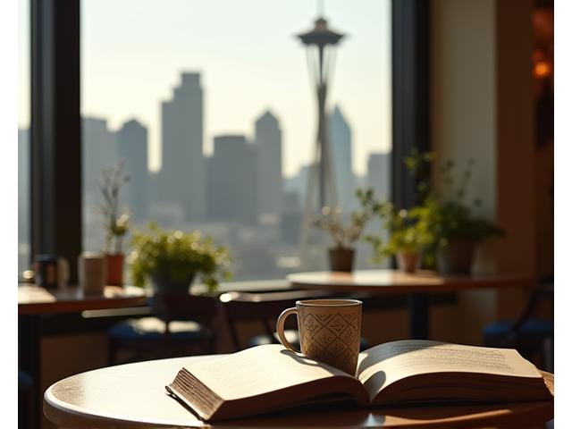 A cozy cafe scene with books, coffee, and a subtle Seattle skyline silhouette visible through a window, representing local book clubs.