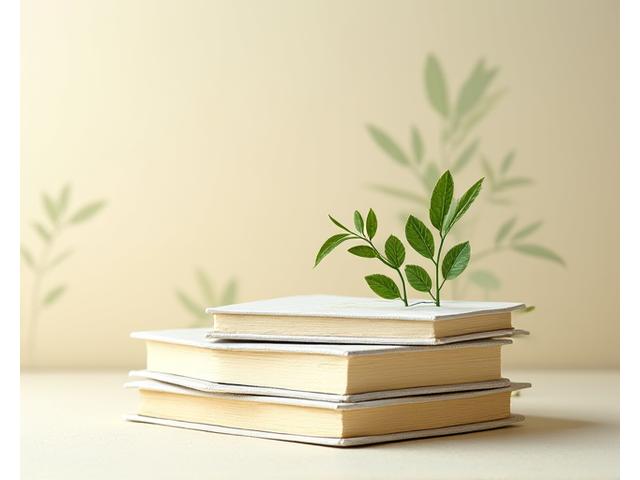 Stack of books made from recycled paper, showing subtle flecks and natural tones, with a leaf motif in the background.