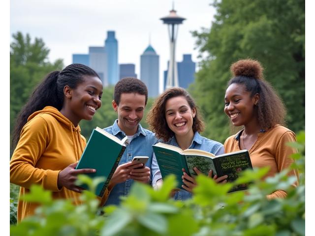 Diverse group of people gathered in a community garden or park in Seattle, reading and discussing books, with iconic Seattle landmarks in the background.