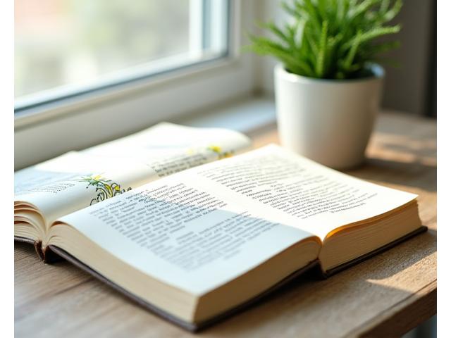 Open book with visible text and illustrations, highlighting print quality from soy-based inks alongside a small potted plant.