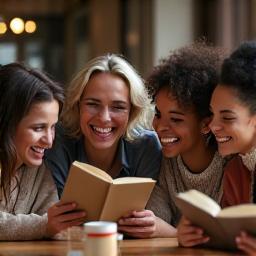 Diverse group of people happily discussing books in a cozy setting, symbolizing a vibrant digital book club
