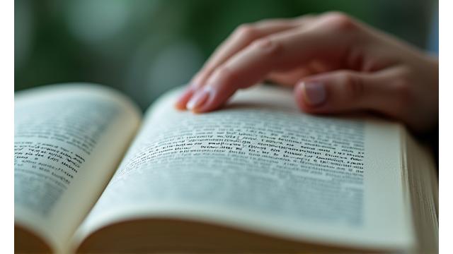 Open book with large print text, a hand gently touching a page, and a subtle braille pattern in the background