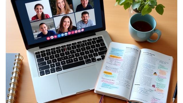 A laptop screen displaying a virtual book club meeting with diverse participants, and a planner with discussion notes and highlighters