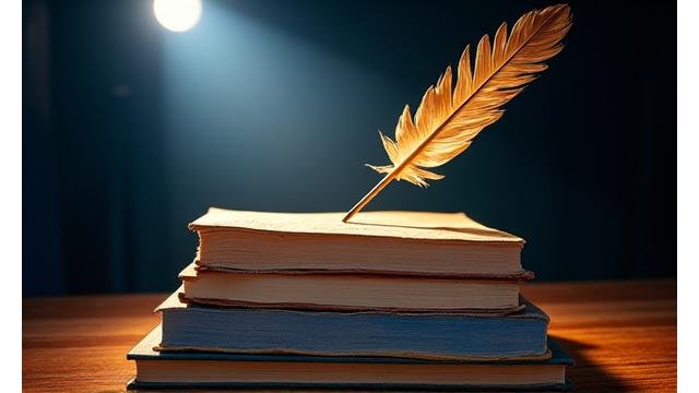 A spotlight shining on a quill pen and a stack of self-published books, symbolizing support for independent authors