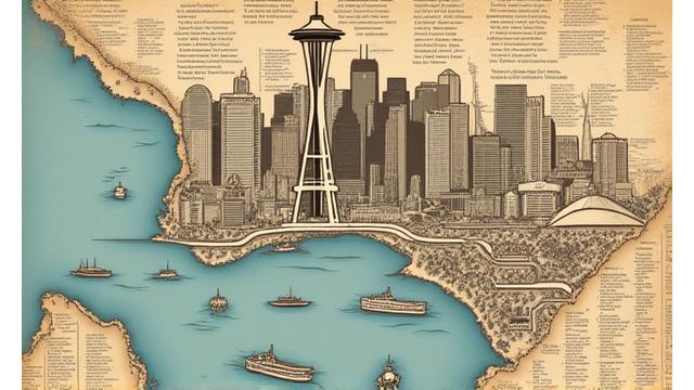 Vintage map of Seattle with literary excerpts overlaid, showcasing historic landmarks and local authors