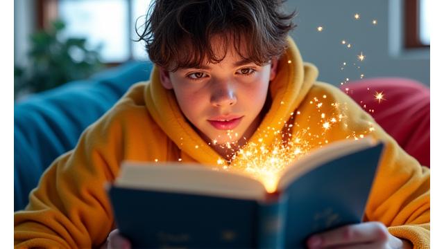 Energetic teenager joyfully reading a fantasy novel, surrounded by vibrant colors and subtle magical effects