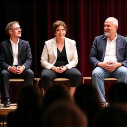 A diverse panel of authors on stage at a literary event, engaging with an audience, representing author events