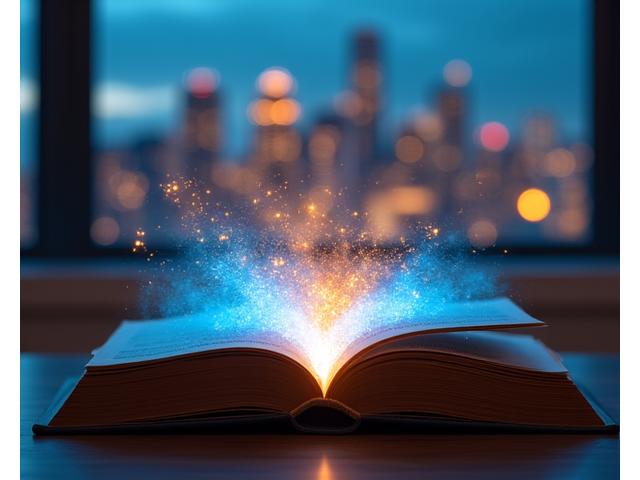 Open book with swirling, luminous pages, merging into a Seattle cityscape skyline at dusk, symbolizing discovery and curated literature