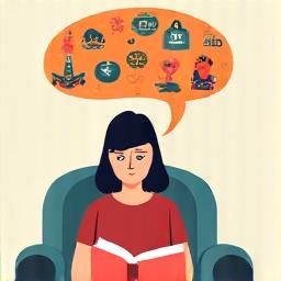 Illustration of a person reading a book with a thought bubble showing icons of different genres, representing personalized recommendations
