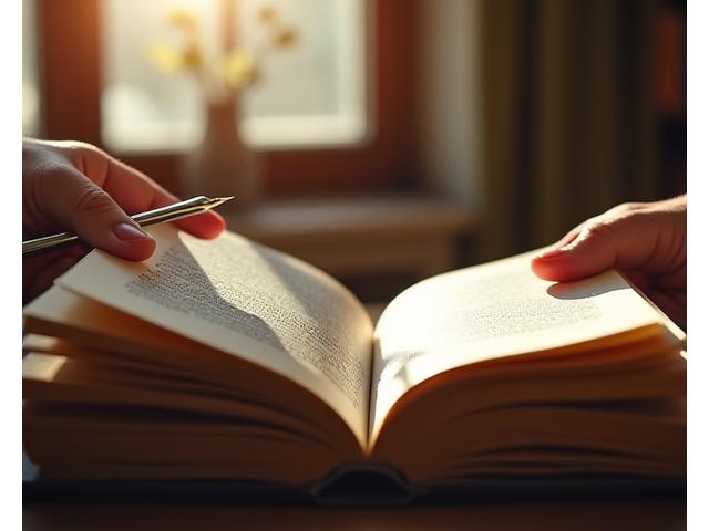A person holding an open book with hands poised as if ready to make notes, with a blurred background of a library or study.