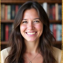 Portrait of Sarah Jenkins, an independent author smiling warmly amidst a cozy bookshelf