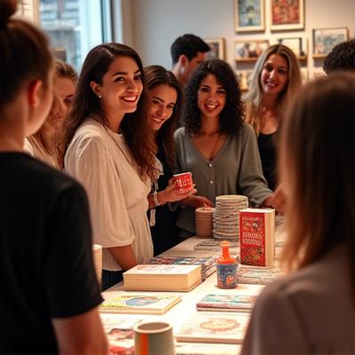 Local artist engaging with book lovers at a Voyage Books event, showcasing their unique literary merchandise designs.