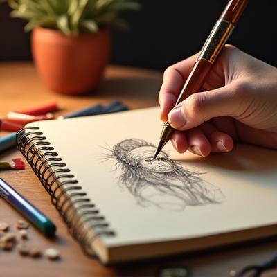 Close-up of an artist sketching literary designs in a notebook, with art supplies around, showing creative process.