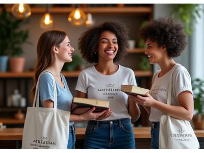 Book club members displaying custom t-shirts with their club's name and logo, laughing together.