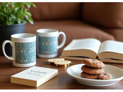 Assortment of book club essentials like custom journals, branded mugs, and discussion cards.