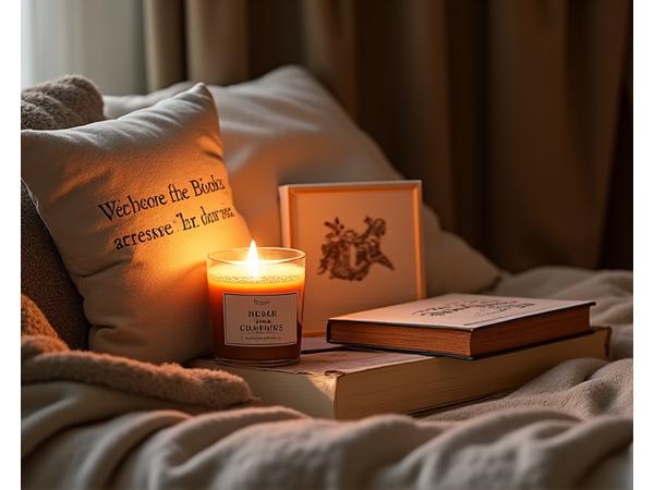 Cozy home decor items like literary candles, book nook cushions, and framed quotes.