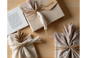 Eco-friendly package filled with literary gifts, wrapped in minimal, recyclable, unbleached paper.