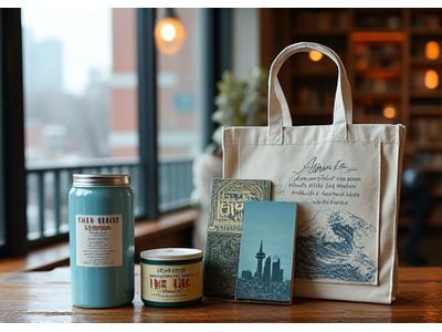Collection of book merchandise featuring designs inspired by Seattle authors and local landmarks.