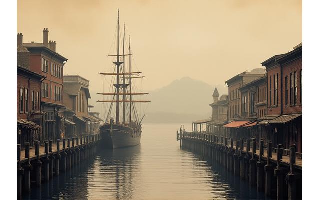 Historic photograph of Seattle's early settlement with classic wooden buildings and mountains in the background