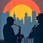 Graphic representing Seattle's vibrant music scene with jazz instruments and cityscape