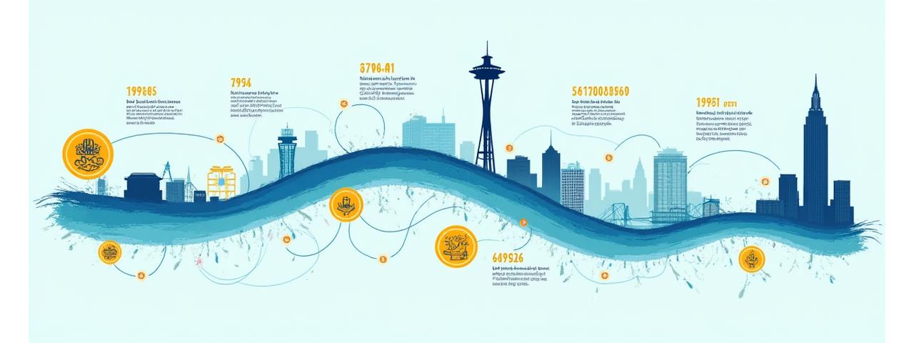 Stylized interactive timeline graphic showing key literary and historical milestones in Seattle, referencing indigenous narratives, early pioneers, grunge music era, and tech boom