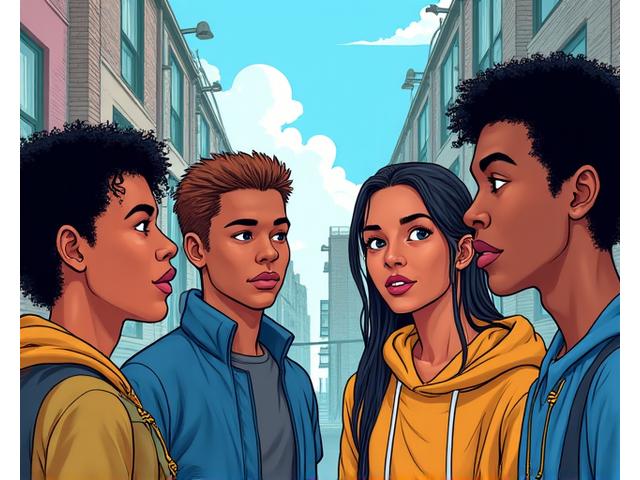 Dynamic illustration from a contemporary graphic novel showing diverse characters in an urban setting.