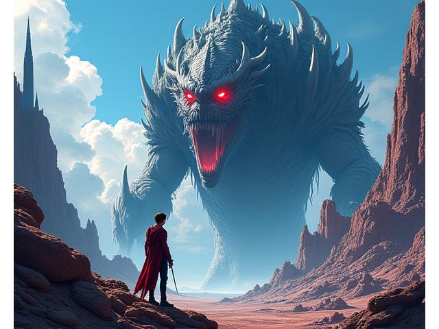 Action-packed scene from a fantasy graphic novel with fantastical creatures and a young hero.