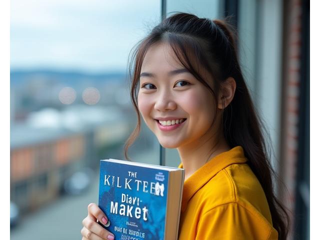 Portrait of Maya Singh, a young author, smiling confidently with a book she wrote in her hand.