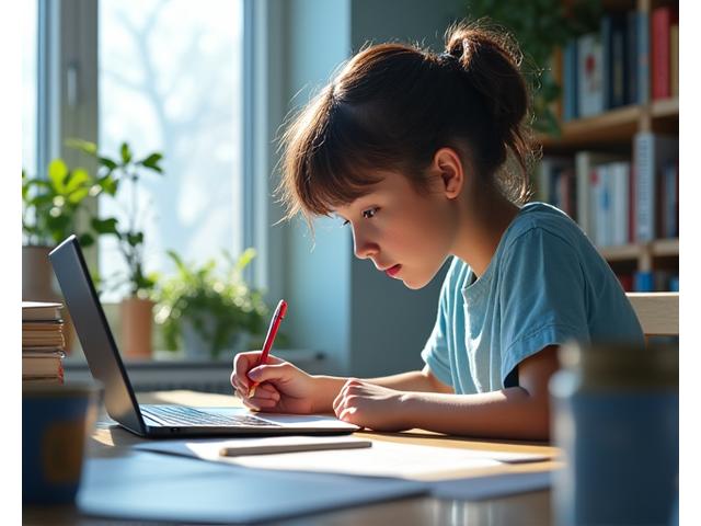 A teen writer at a desk, surrounded by notebooks and a laptop, deeply engrossed in writing.